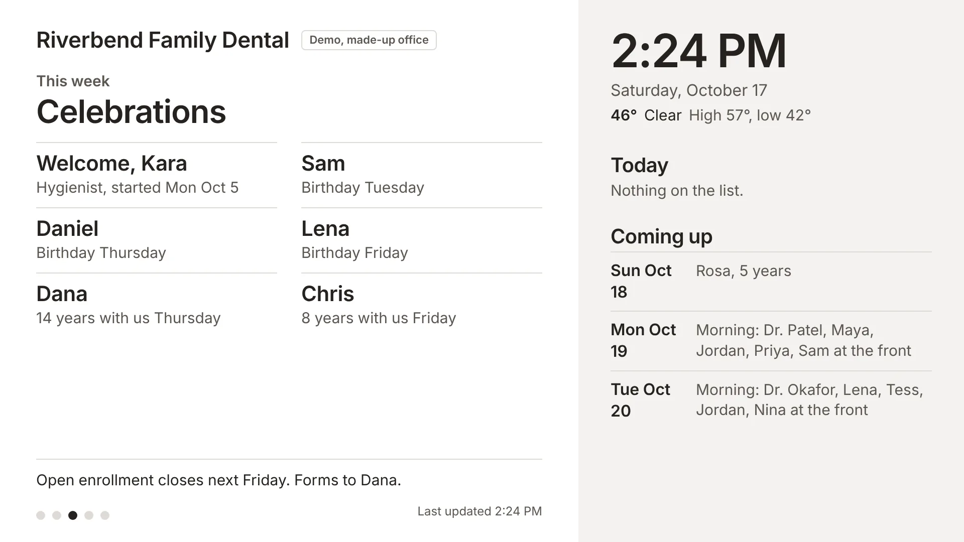 The celebrations slide: a welcome for the new hire, birthdays this week by first name, and work anniversaries