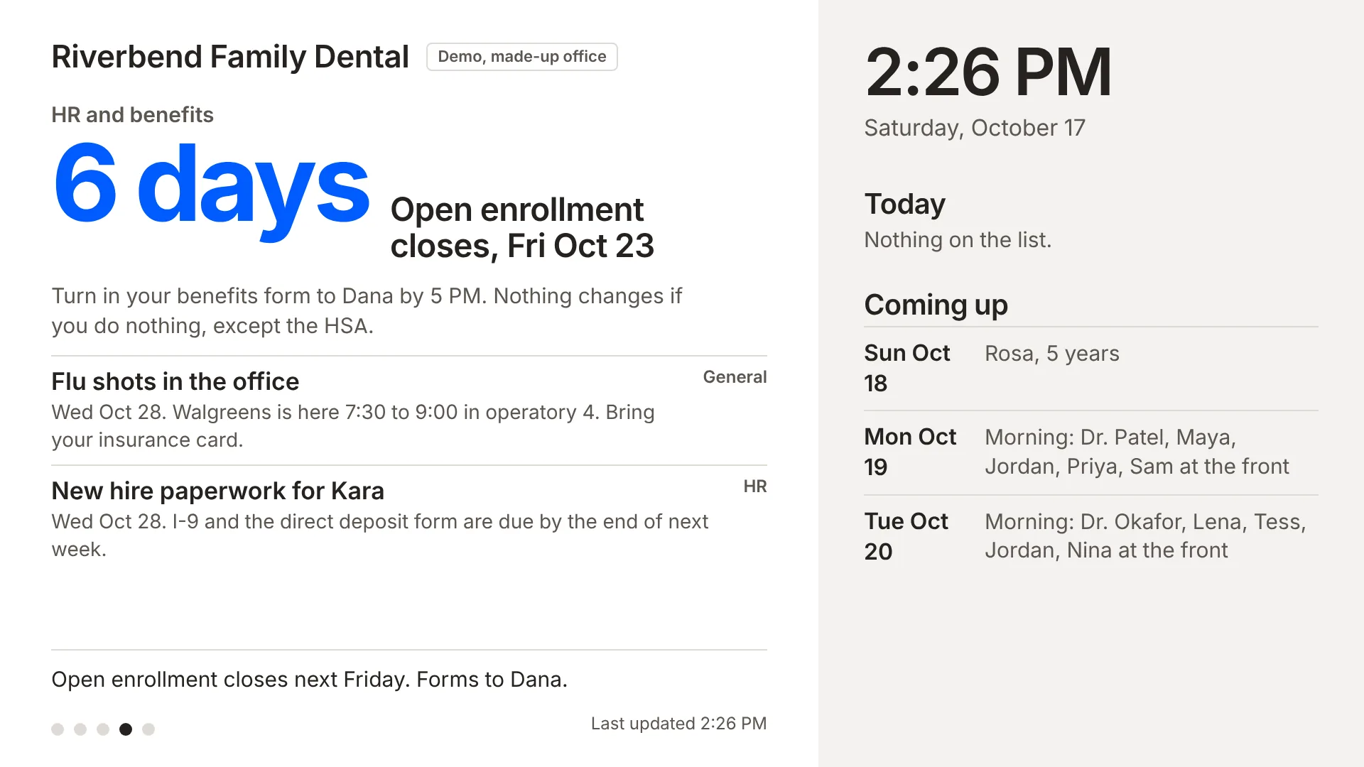 The reminders slide: a large countdown to the open enrollment deadline and the HR and benefits reminders due soon