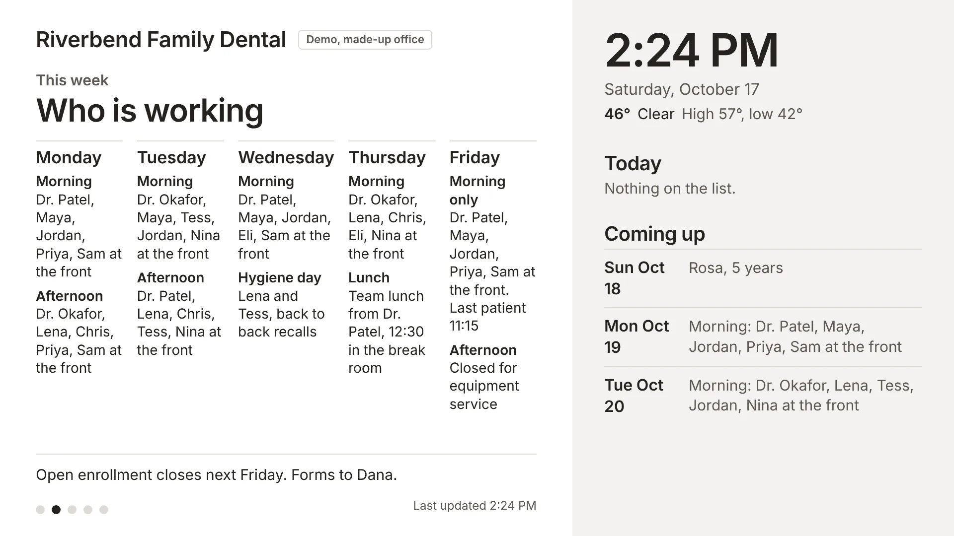 This week's schedule slide: each weekday with who is working and the key events