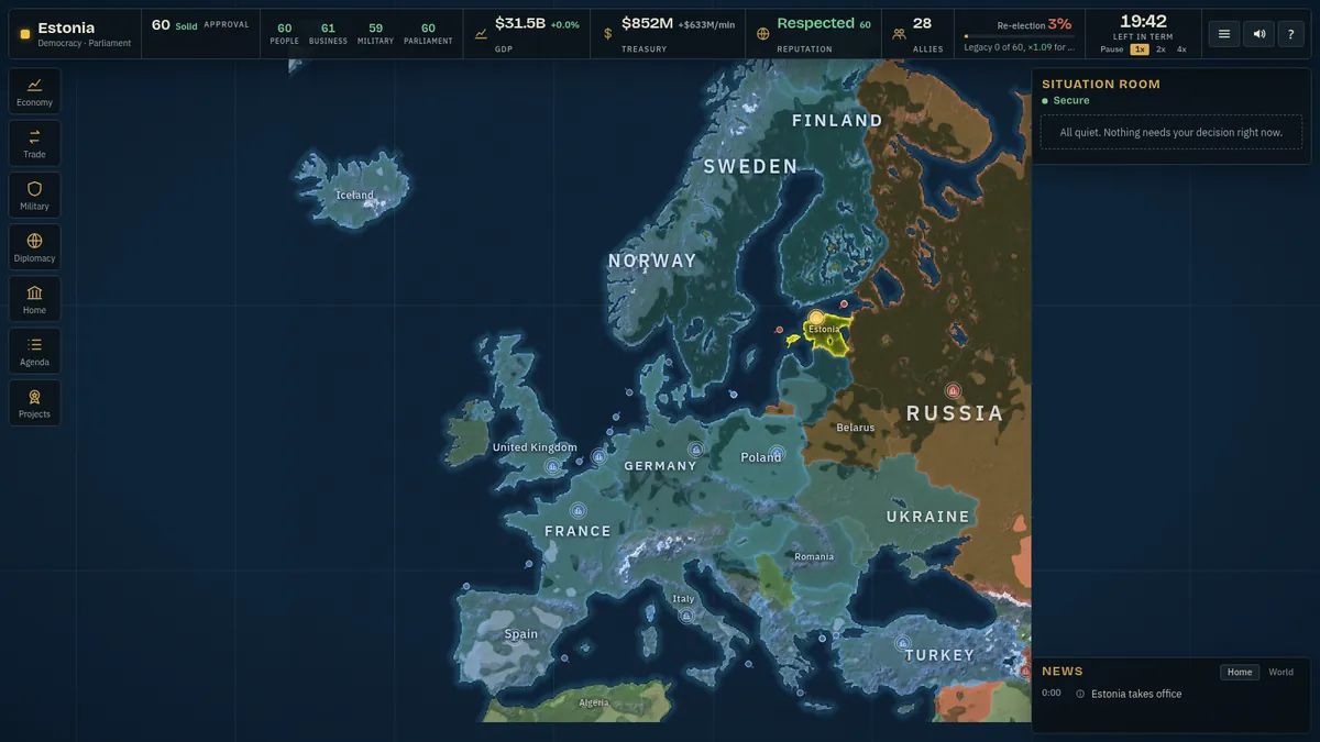 Head of State: a relief map of Europe with Estonia selected, the top bar of national figures and the Situation Room panel