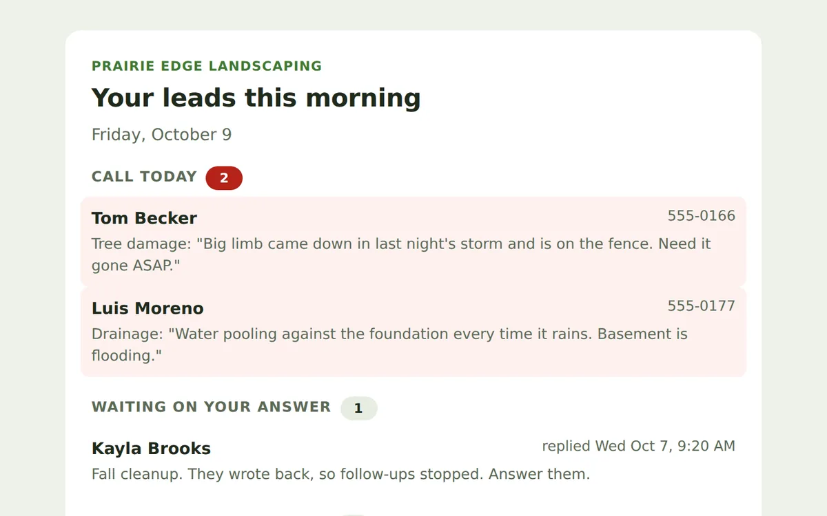 The owner's 7 AM email for Prairie Edge Landscaping: urgent calls first, then replies, new leads and follow-ups